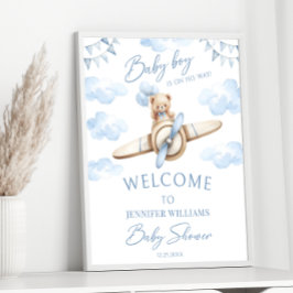 Teddy Bear Blue Airplane Adventure Baby Boy Dusche Poster