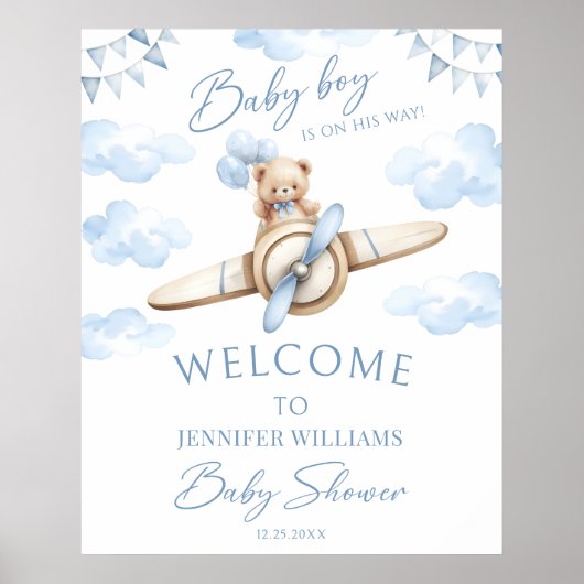 Teddy Bear Blue Airplane Adventure Baby Boy Dusche Poster (Vorne)