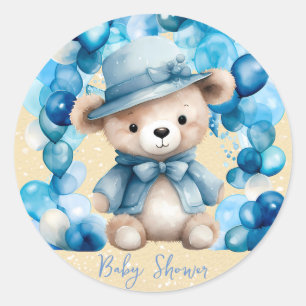 Teddy Bear Blue Arch Balloons Boy Baby Dusche Runder Aufkleber