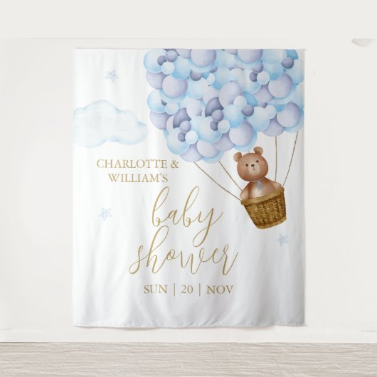 Teddy Bear Blue Baby Dusche Foto Hintergrund Wandteppich (Vorderseite)