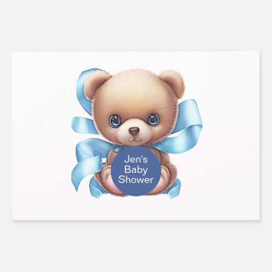 Teddy Bear Blue Baby Dusche Geschenkpapier Set (Vorderseite)
