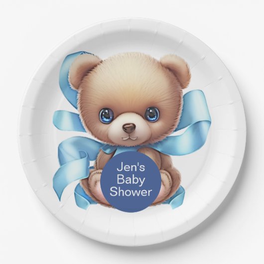Teddy Bear Blue Baby Dusche Pappteller (Vorderseite)