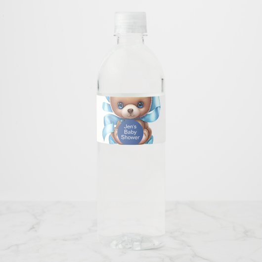 Teddy Bear Blue Baby Dusche Wasserflaschenetikett (Vorderseite)