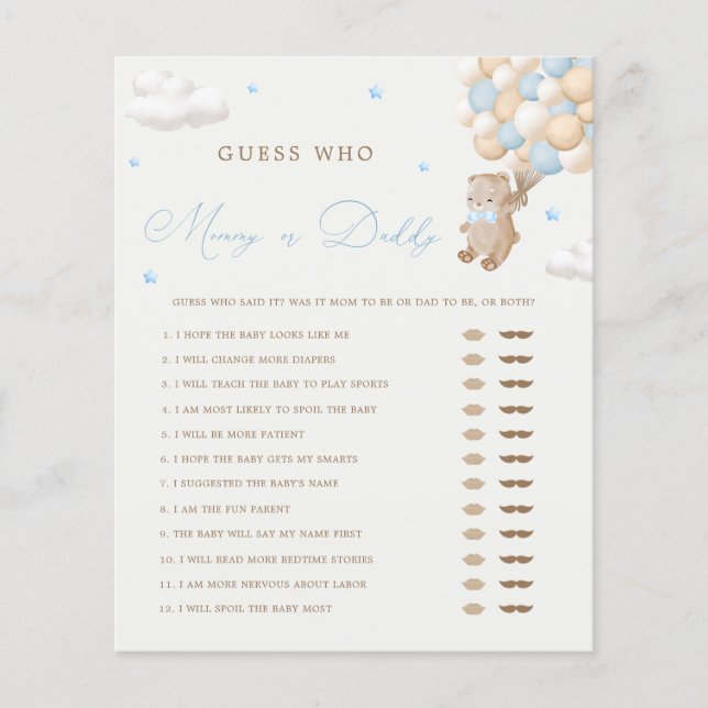 Teddy Bear Blue Baby Shower Mommy oder Daddy Game (Vorderseite)