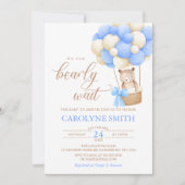 Teddy Bear Blue Ballon Bearly Wait Baby Dusche Einladung (Vorderseite)