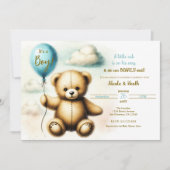 Teddy Bear Blue Ballon Bearly Wait Baby Dusche Einladung (Vorderseite)