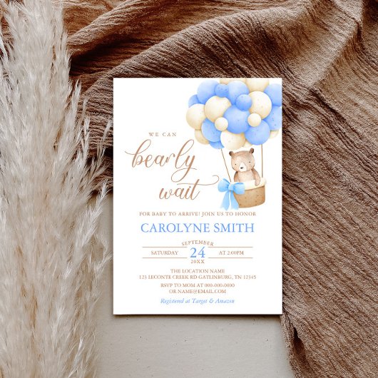 Teddy Bear Blue Ballon Bearly Wait Baby Dusche Einladung