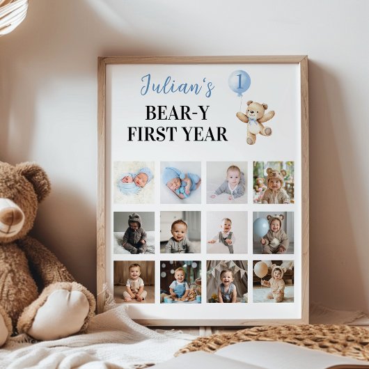 Teddy Bear Blue Ballon Erstes Jahr Foto Meilenstei Poster