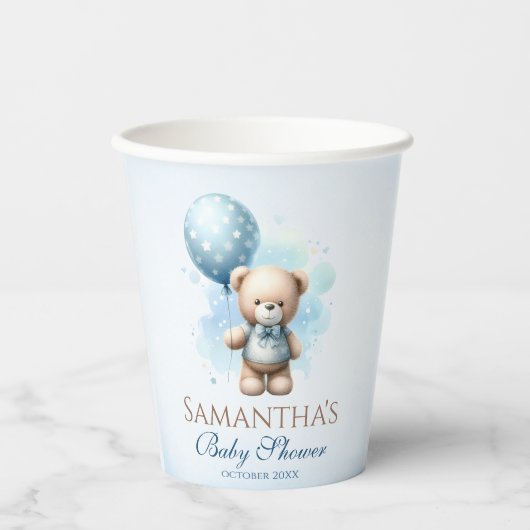 Teddy Bear Blue Balloon Baby Boy Dusche Pappbecher (Vorderseite)