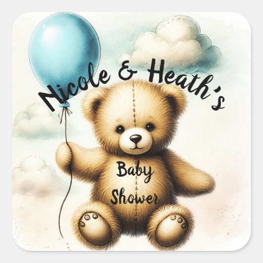 Teddy Bear Blue Balloon Baby Dusche Quadratischer Aufkleber (Vorderseite)