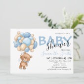 Teddy Bear Blue Balloon Baby Shower Einladungen (Stehend Vorderseite)