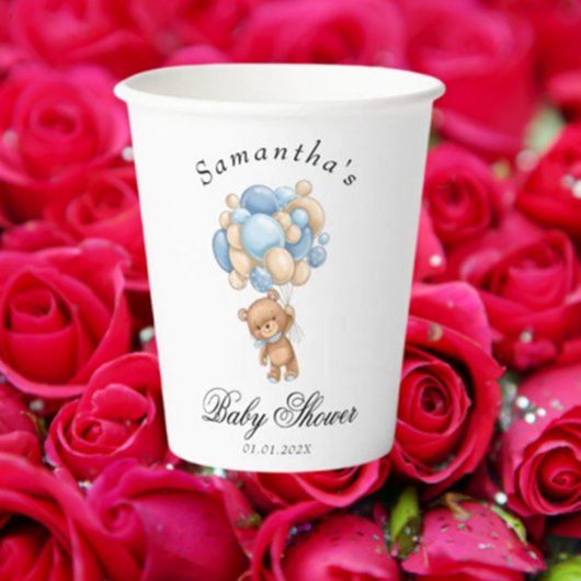 Teddy Bear Blue Balloon Baby Showpapier Cups Pappbecher