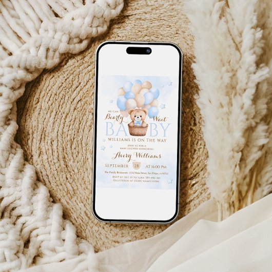 Teddy Bear Blue Balloon Babydusche Einladung