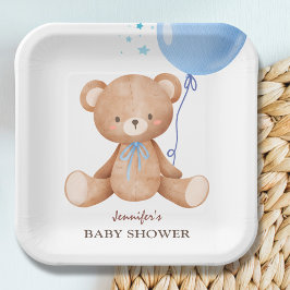 Teddy Bear Blue Balloon Babydusche Pappteller