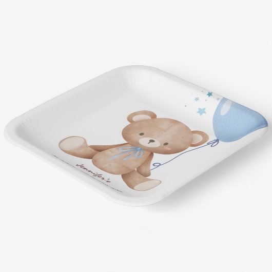 Teddy Bear Blue Balloon Babydusche Pappteller (Gewinkelt)