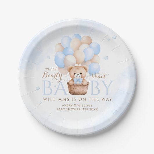 Teddy Bear Blue Balloon Babydusche Pappteller (Vorderseite)
