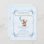 Teddy Bear Blue Balloon Bary First Birthday Einladung (Vorne/Hinten)
