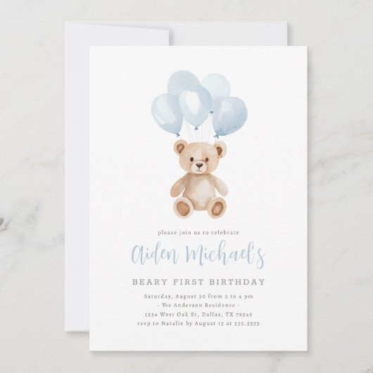 Teddy Bear Blue Balloon Bary First Birthday Einladung (Vorderseite)