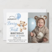 Teddy Bear Blue Balloon Beary First Birthday Foto Einladung (Vorderseite)