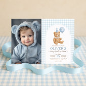 Teddy Bear Blue Balloon Beary First Birthday Foto Einladung