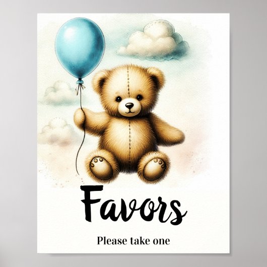Teddy Bear Blue Balloon Birthday Favor Sign Poster (Vorne)