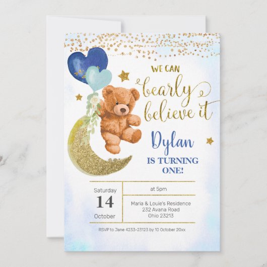 Teddy Bear Blue Balloon Boy Birthday Einladung (Vorderseite)