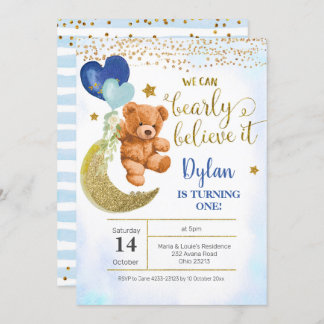 Teddy Bear Blue Balloon Boy Birthday Einladung
