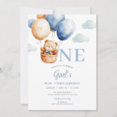 Teddy Bear Blue Balloon erster Geburtstag Einladung (Vorderseite)