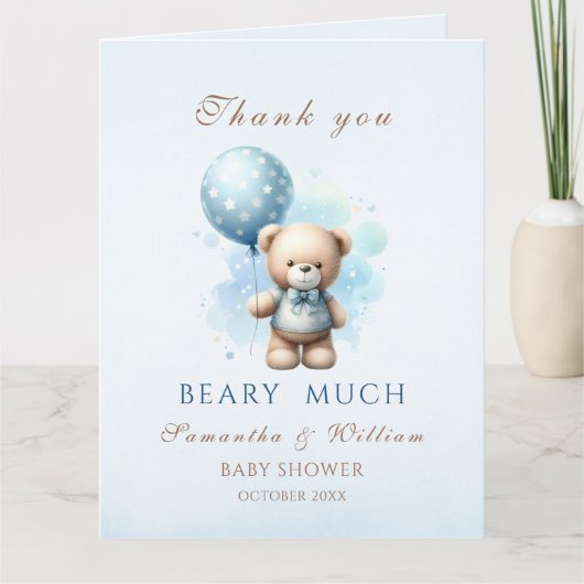 Teddy Bear & Blue Balloon Es ist eine Baby-Dusche Dankeskarte (Vorderseite)
