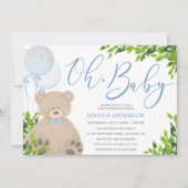 Teddy Bear Blue Balloon Greenery Boy Baby Shower Einladung (Vorderseite)
