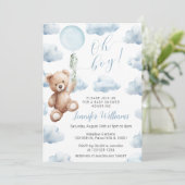 Teddy Bear Blue Balloon Oh Boy Baby Dusche Einladung (Stehend Vorderseite)