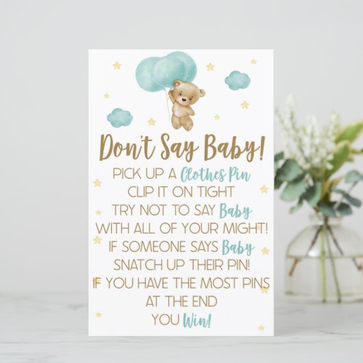 Teddy Bear Blue Balloon Say Baby Shower Game nicht (Stehend Vorderseite)