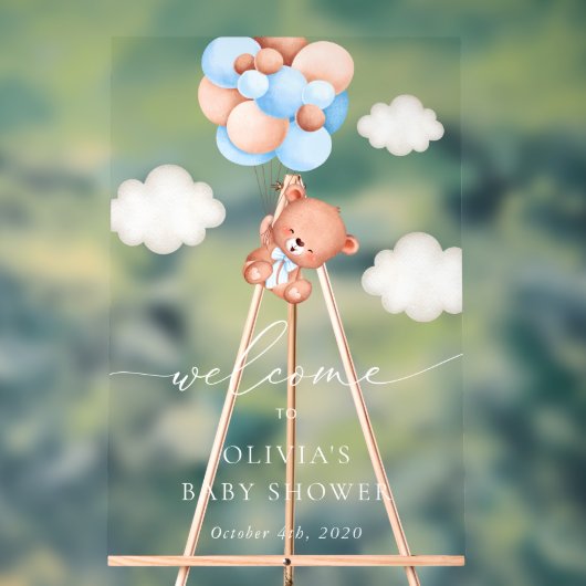 Teddy Bear, Blue Balloons, Baby Dusche Willkommen Acrylschild (Neutral)
