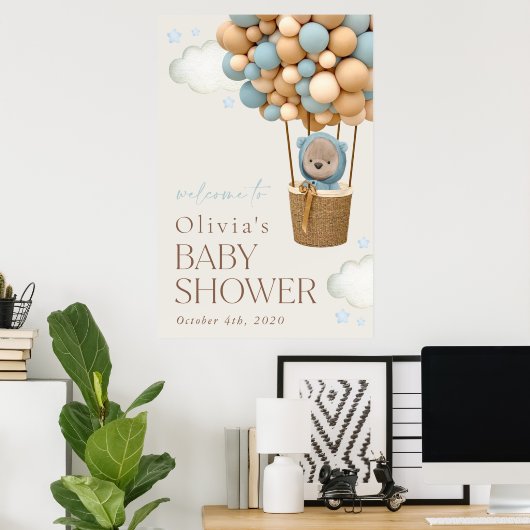 Teddy Bear, Blue Balloons, Baby Dusche Willkommen Poster (Heimbüro)