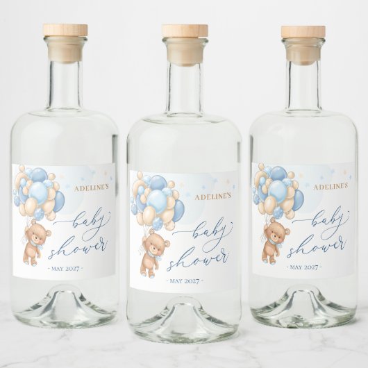 Teddy Bear Blue Balloons Babydusche Alkoholflaschenetikett (Flaschen)