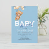 Teddy Bear, Blue Balloons Babydusche Einladung (Stehend Vorderseite)