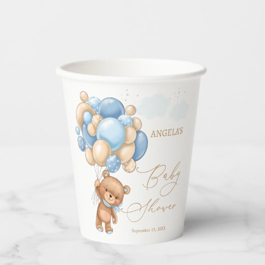 Teddy Bear Blue Balloons Babydusche Pappbecher (Vorderseite)