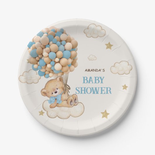 Teddy Bear Blue Balloons Babydusche Pappteller (Vorderseite)