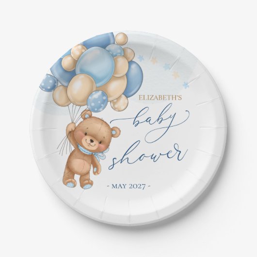 Teddy Bear Blue Balloons Babydusche Pappteller (Vorderseite)