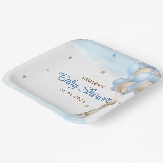 Teddy Bear Blue Balloons Babydusche Pappteller (Gewinkelt)