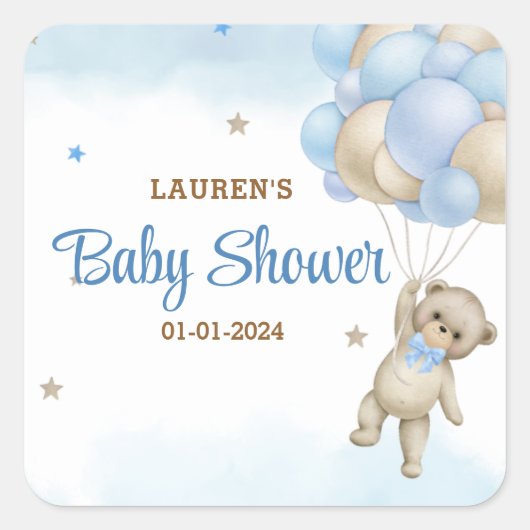 Teddy Bear Blue Balloons Babydusche Quadratischer Aufkleber (Vorderseite)