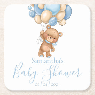 Teddy Bear Blue Balloons Babydusche Rechteckiger Pappuntersetzer