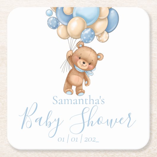 Teddy Bear Blue Balloons Babydusche Rechteckiger Pappuntersetzer (Vorderseite)