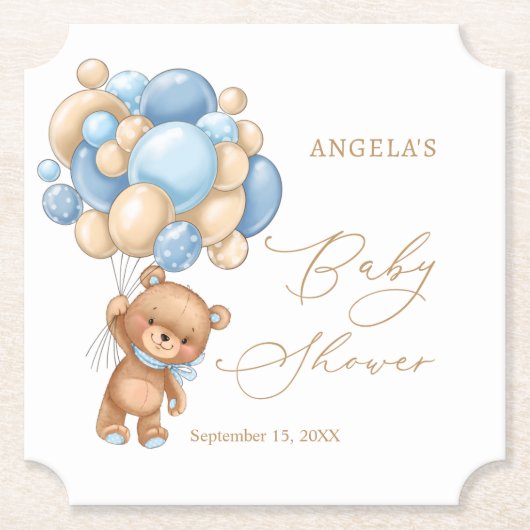 Teddy Bear Blue Balloons Babydusche Untersetzer (Vorderseite)