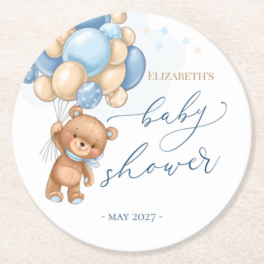 Teddy Bear Blue Balloons Babydusche Untersetzer (Vorderseite)