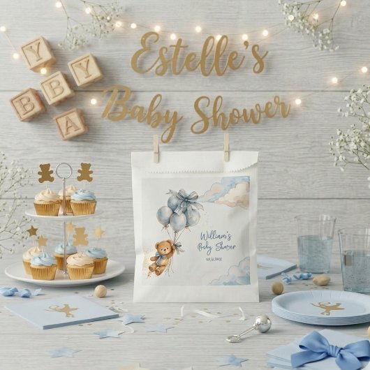 Teddy Bear Blue Balloons Clouds Baby Boy Geschenktütchen
