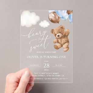 Teddy Bear, Blue Balloons, erster Geburtstag Acryleinladungen