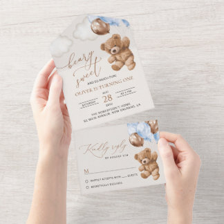 Teddy Bear, Blue Balloons, erster Geburtstag All In One Einladung
