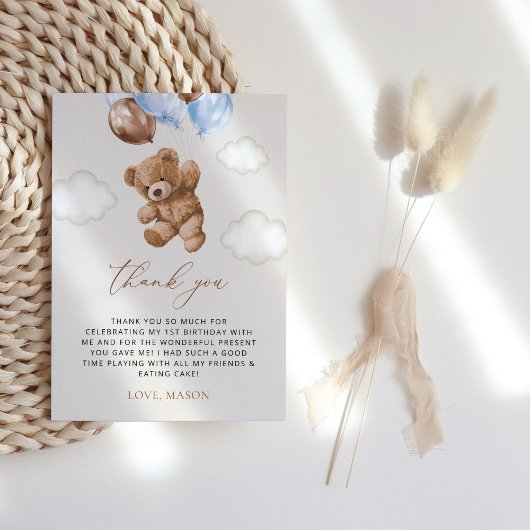 Teddy Bear, Blue Balloons, erster Geburtstag Dankeskarte