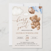 Teddy Bear, Blue Balloons, erster Geburtstag Einladung (Vorderseite)